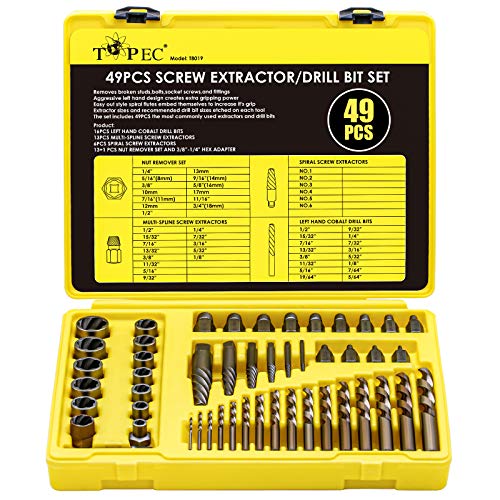 Topec 49pcs Screw ExtractorDrill Bit Set professional remove set for removing broken studs bolts socket screws and fittings