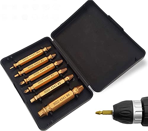 6Pcs Screw Extractor Set and Stripped Screw Remover Tool Drill Bit Set Damaged Screw Extractor Kit and Broken Bolt Extractor Made From HSS 4341 High Speed Steel With Hardness 6365hrc